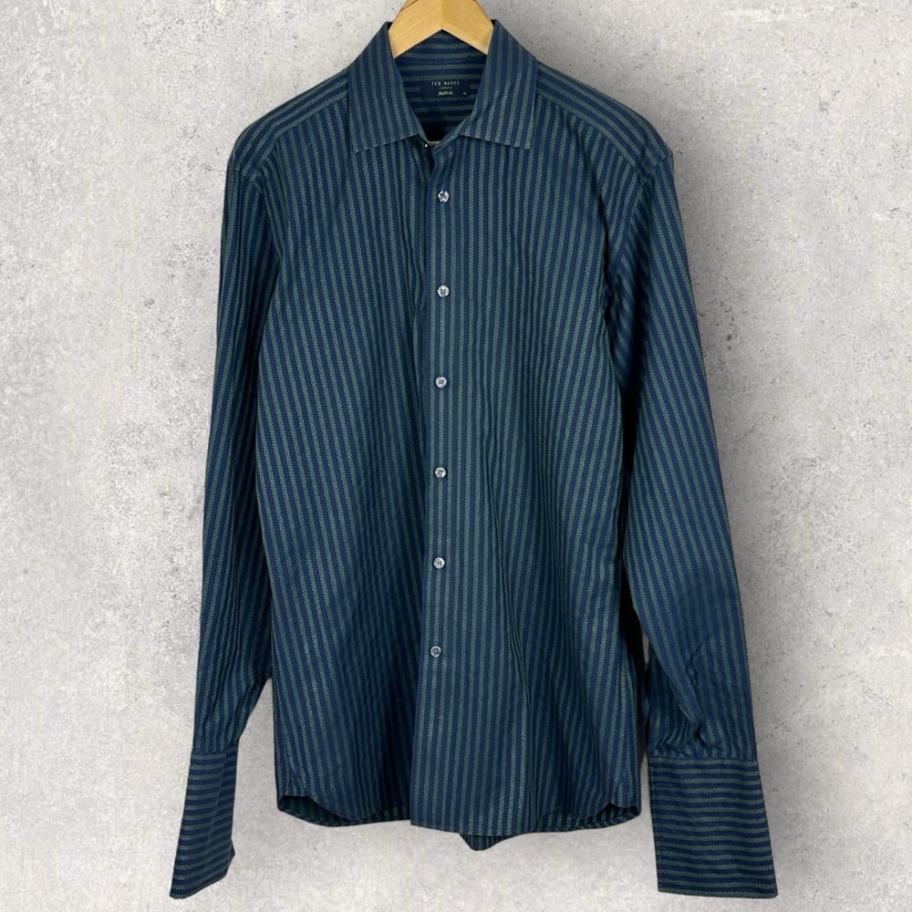 Ted Baker Blue Striped Collared Long Sleeve Cotton Dress Shirt Size 16 Mens Top - Picture 10 of 10
